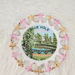 Vintage Blue Hole Castalia Ohio plate Gold Trim 8" Pierced lace souvenir